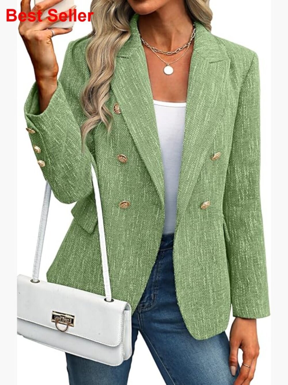 Polyester Tweed Blazer Double-Breasted Business Casual Jacket
